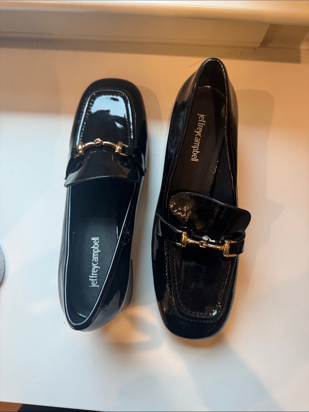 Jeffrey Campbell Black Patent Loafers with Gold Bit
